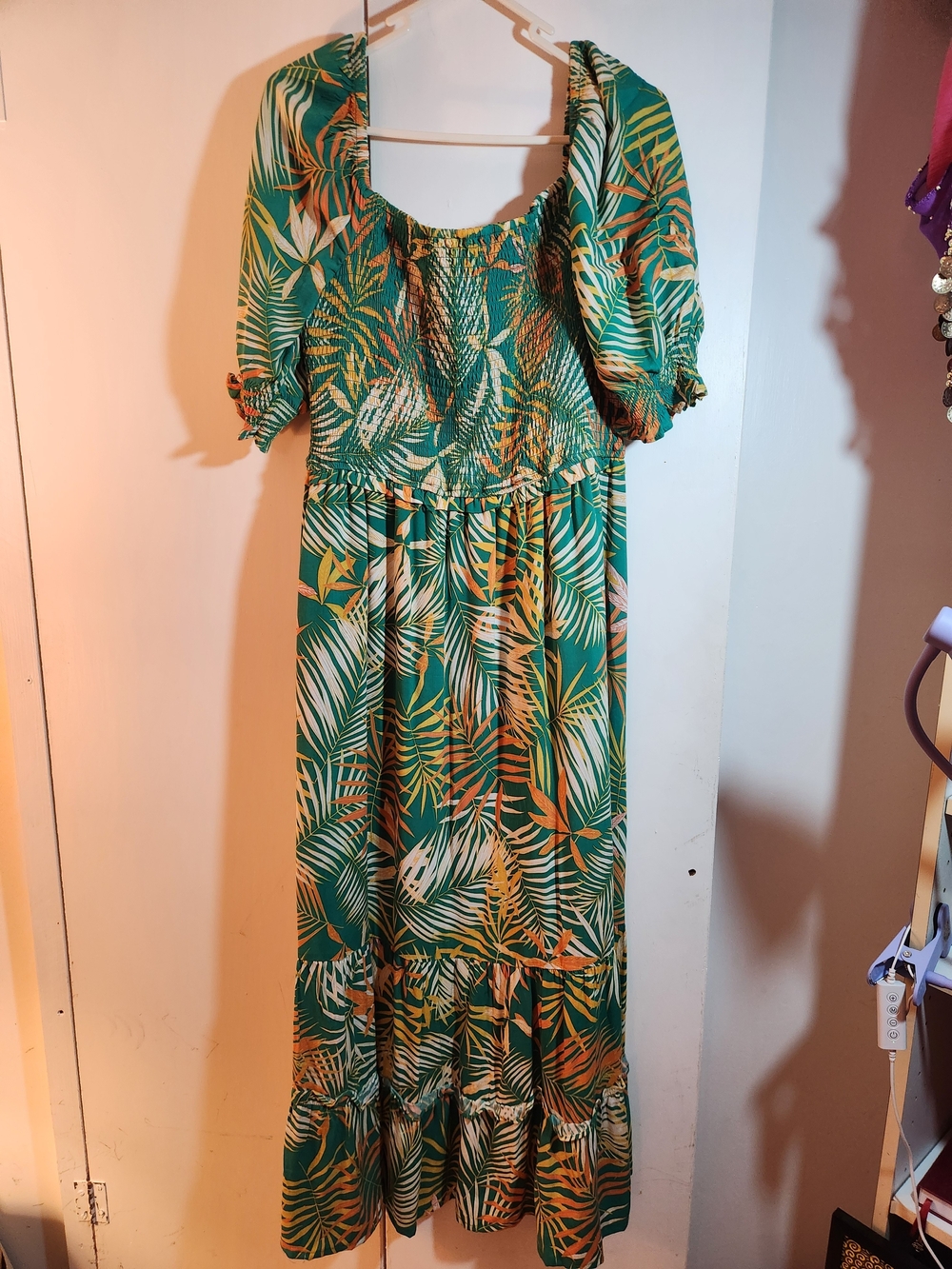 Betsey Johnson Green and Tan Tropical-Print Smocked Maxi Dress